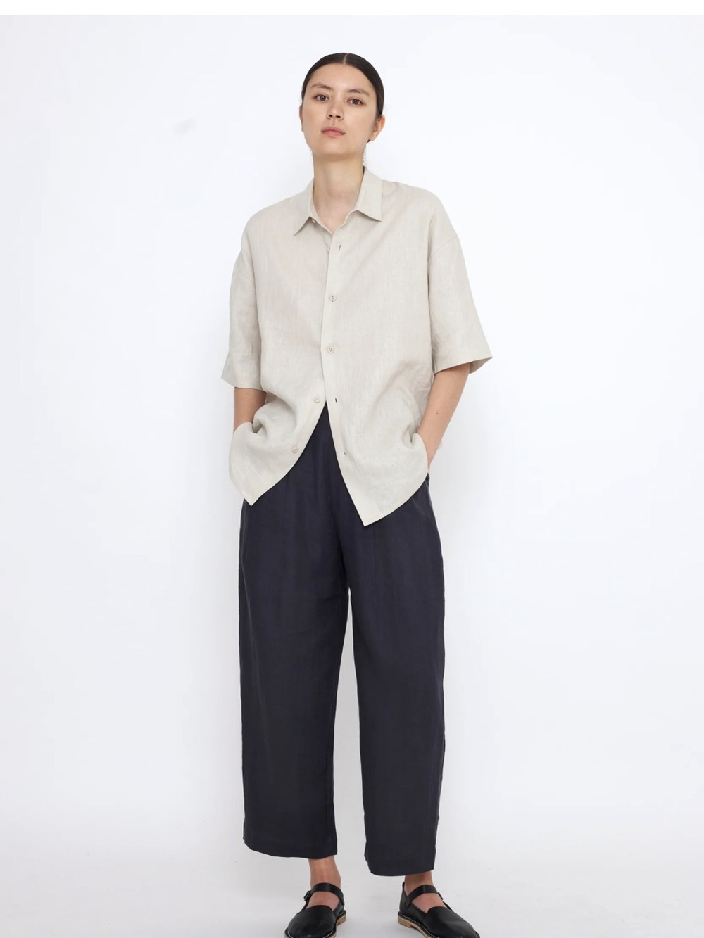 Oversized linen blend button down
